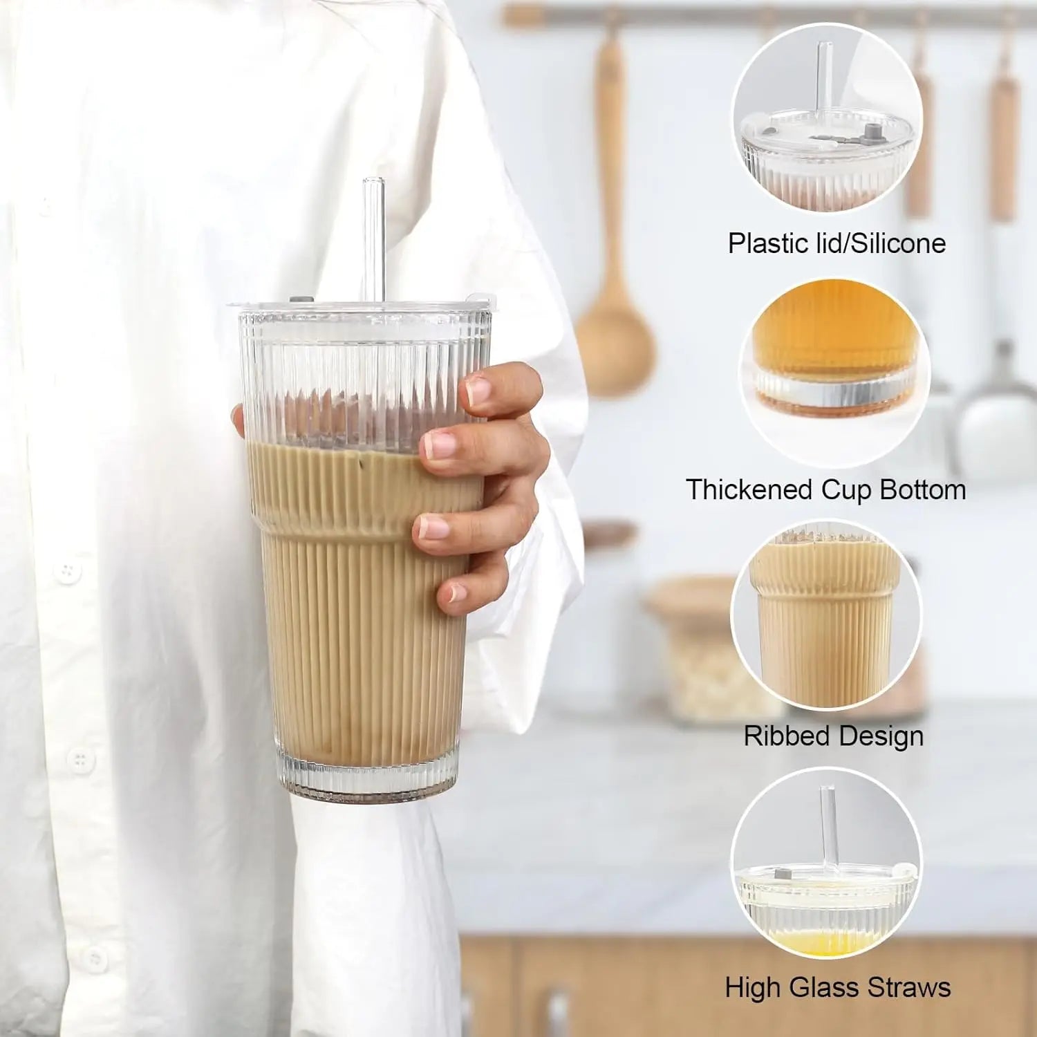 Multi-Purpose 20Oz Glass Tumbler, Splash-Proof & Dishwasher Safe, Includes Straw and Cleaning Brush, for Daily Drinks