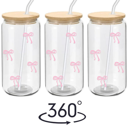 500Ml Pink Bow Cute Glass Cups with Lids and Straw Tumbler Glass Cup for Iced Milk Coffee Smoothie Cocktail Matcha Juice Cup
