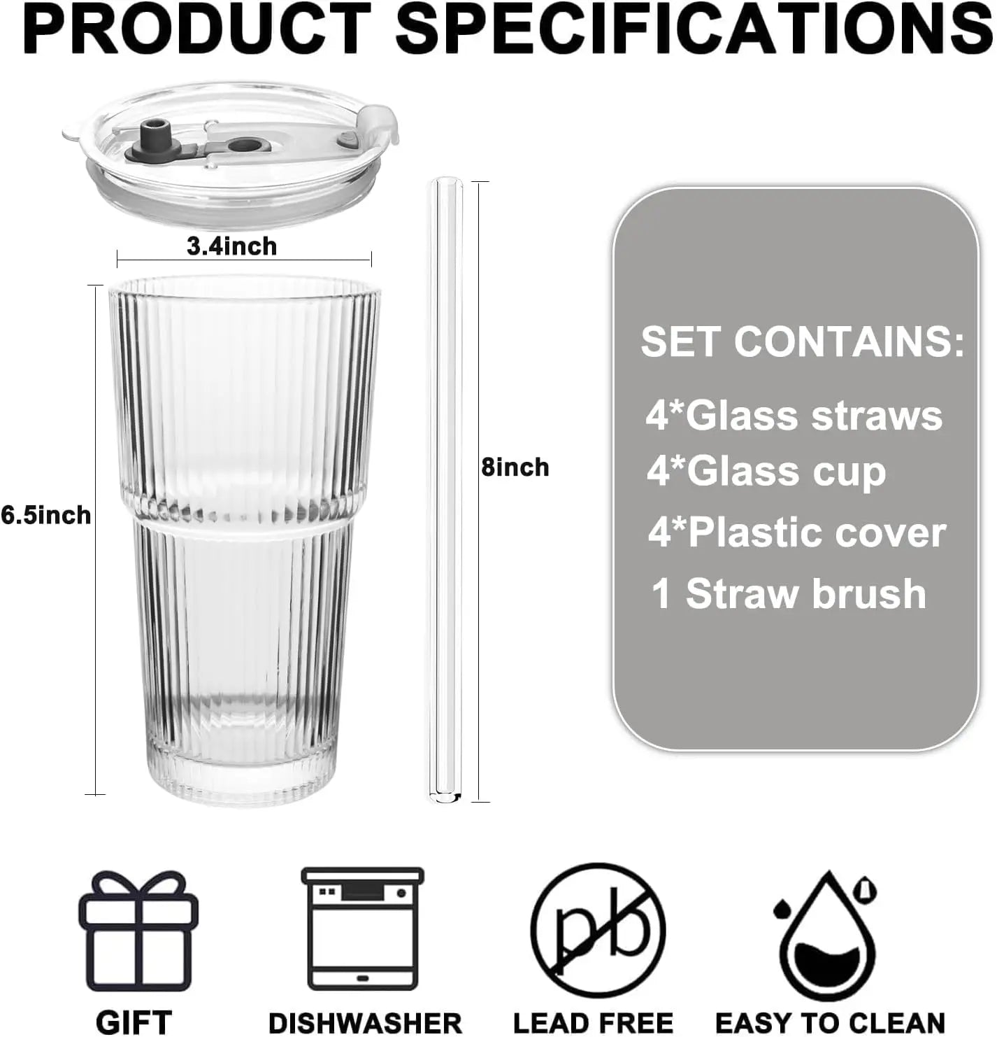 Multi-Purpose 20Oz Glass Tumbler, Splash-Proof & Dishwasher Safe, Includes Straw and Cleaning Brush, for Daily Drinks